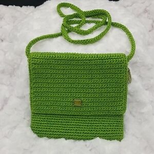 The Sak Crochet Lime Green with Green Sparkle Square Zipper Crossbody Bag